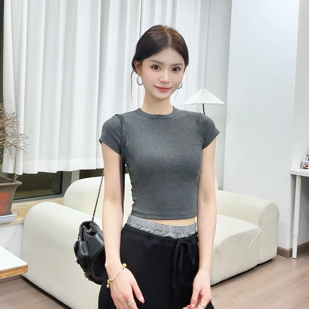 崛起的小个子斜肩短袖T恤修身显瘦设计感百搭上衣