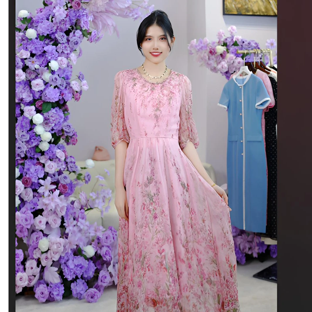 菲梦伊100%重磅桑蚕丝碎花夏季新款法式时尚显瘦连衣裙57448