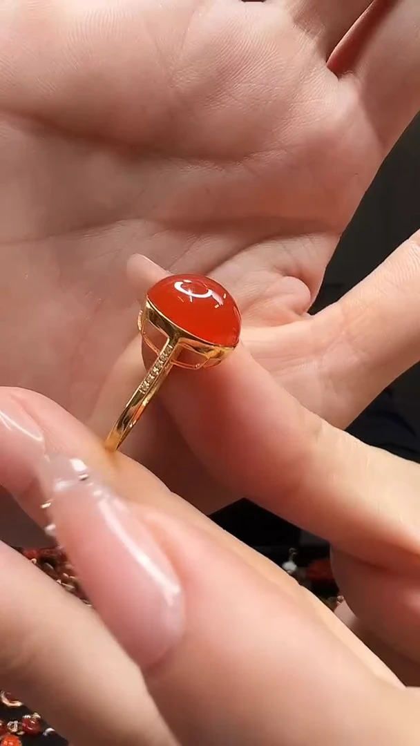 18K金镶嵌戒指南红玛瑙12*13/冰红原矿/16#