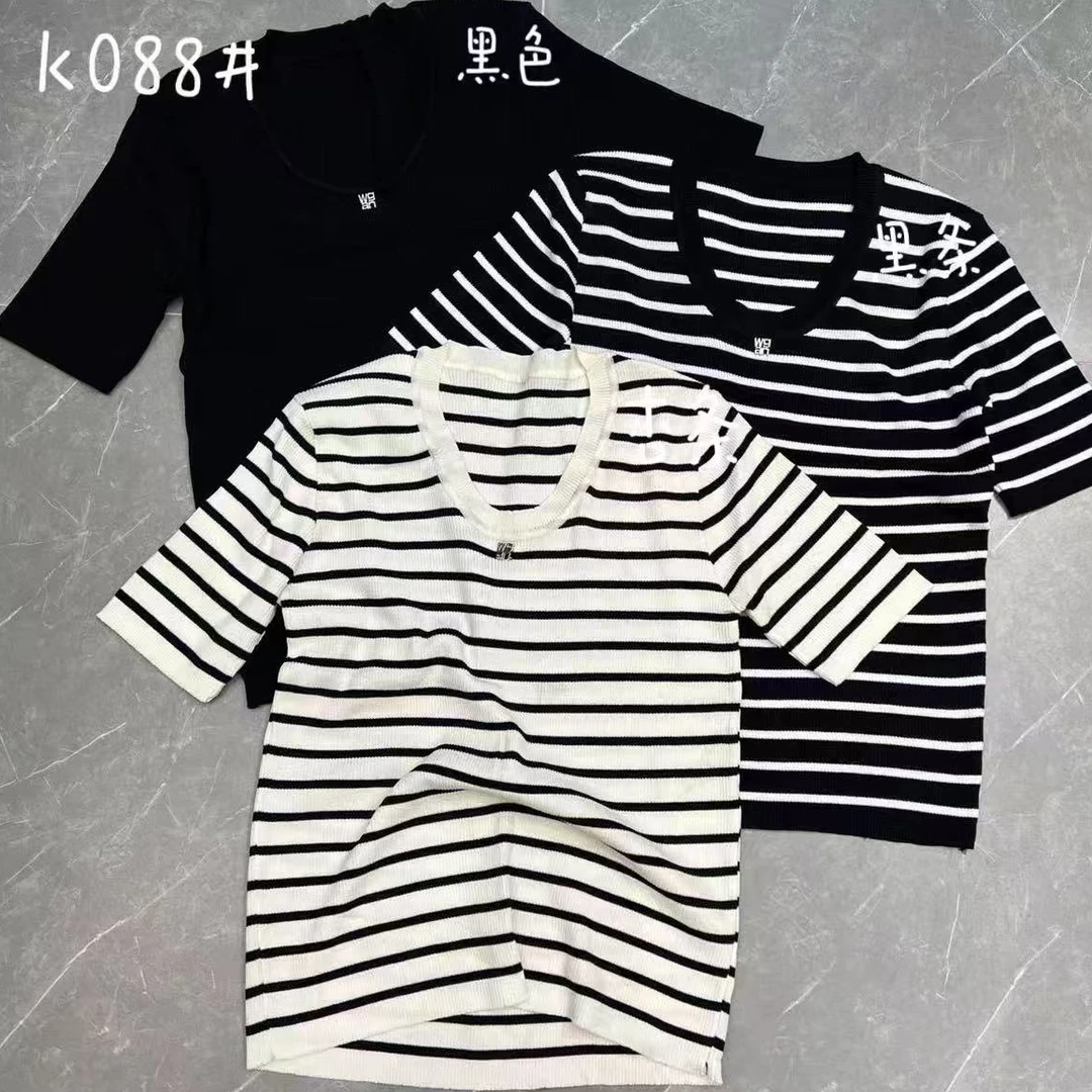 【蜜爷家】韩版宽松U领条纹百搭短袖针织衫女上衣k088#