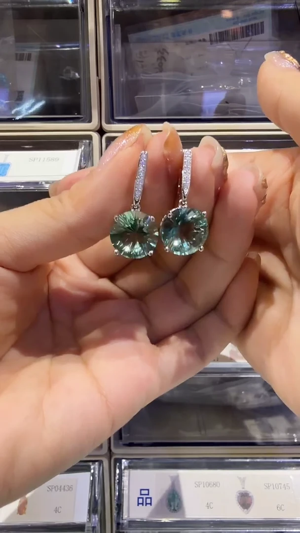 银S925镀金镶嵌耳坠定制萤石圆形耳坠