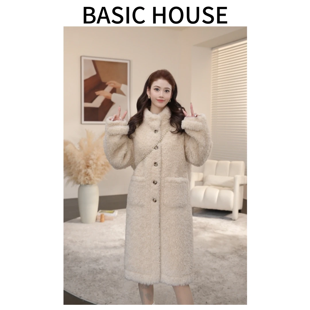 Basic House/百家好新款羊毛冬季立领外套高端百搭中长款大衣女A