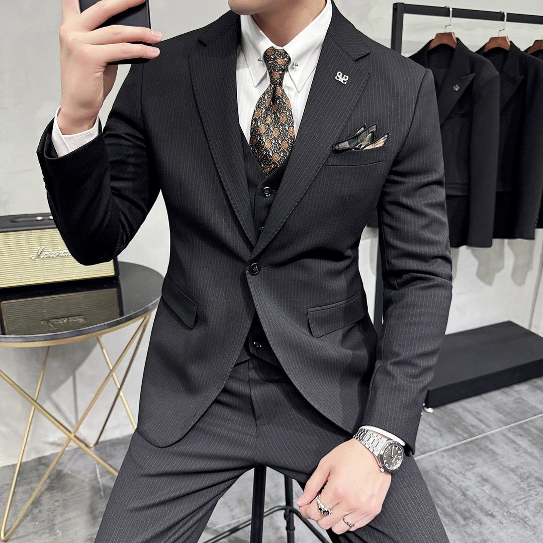 汤米高档条纹西装男套装商务西服三件套2025新款修身新郎结婚礼服