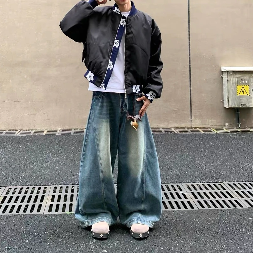 美式复古百搭提花刺绣拼接春季夹克男宽松高街夹克外套潮流