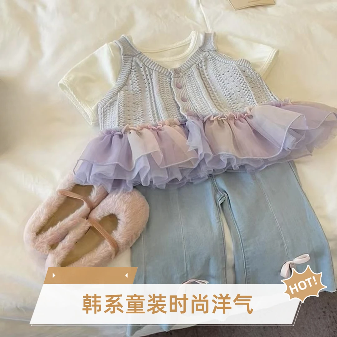 韩系童装女童套装新款春夏装洋气宝宝时髦紫色吊带背心花边裤子