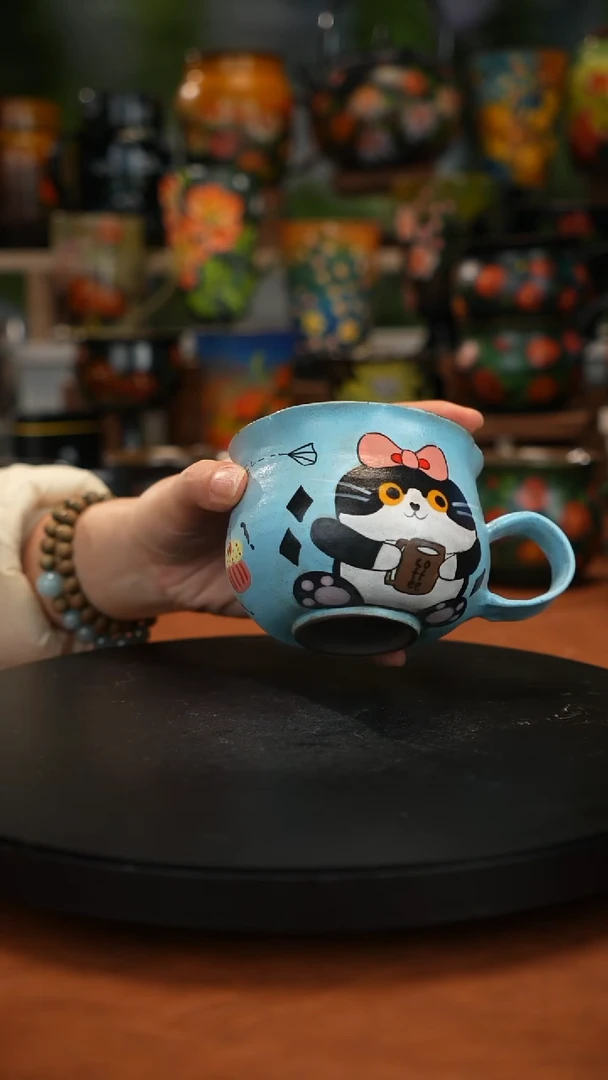 紫砂油画手绘釉下彩脏脏杯