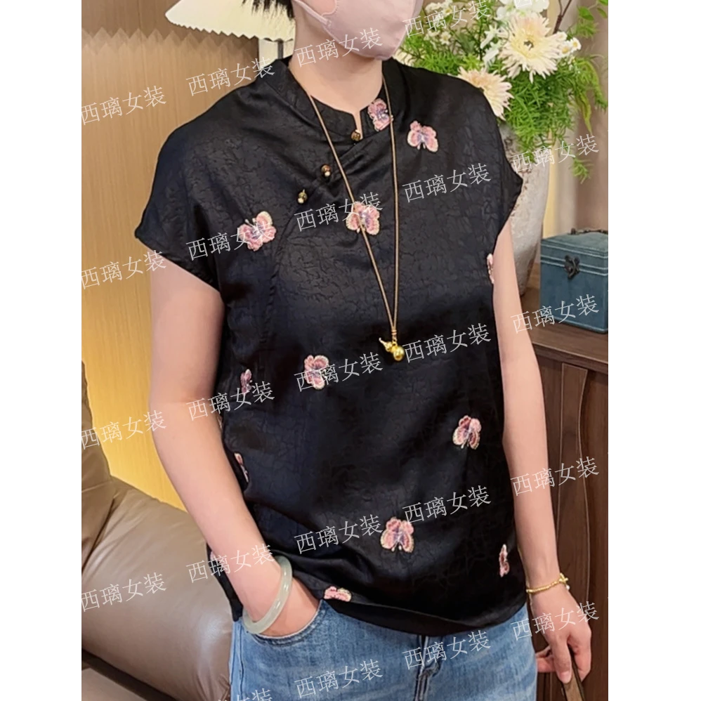 【桃蝶】夏季短袖T恤女新中式国风打底衫上衣宽松衬衫复古龟裂纹理