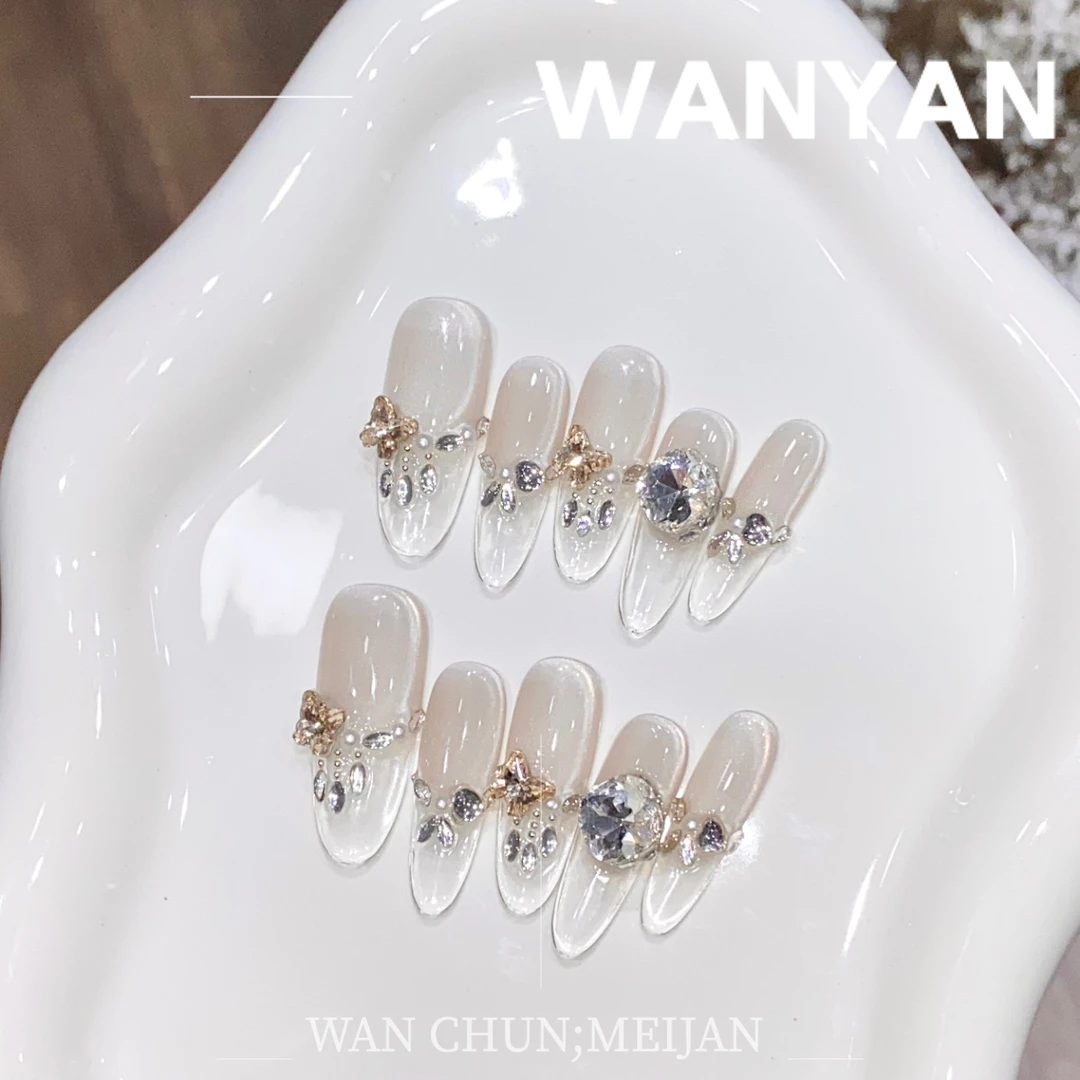 “晨曦”CHUN`纯手工侧光玻璃珠穿戴甲猫眼冰透法式穿戴甲猫眼美甲