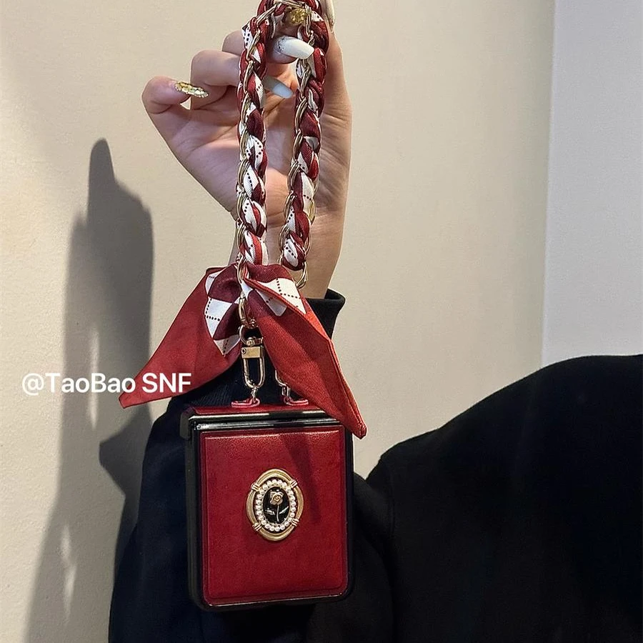 ins酒红珍珠花朵适用小米MIXFlip华为Pocket2手机壳FindN3Flip