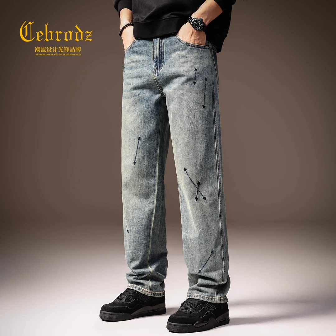 法国Cebrodz美式复古刺绣莱赛尔牛仔裤男秋季新款直筒休闲裤子男