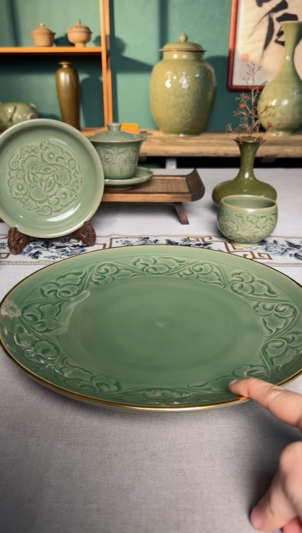 【闪购商品】其他纯手工秘色缠枝牡丹描金壶承赏盘特价