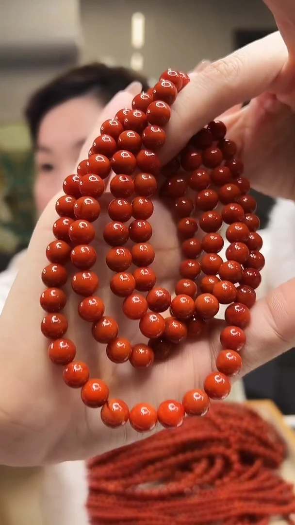 未镶嵌圆珠多圈链南红玛瑙8mm/原矿/柿子红色