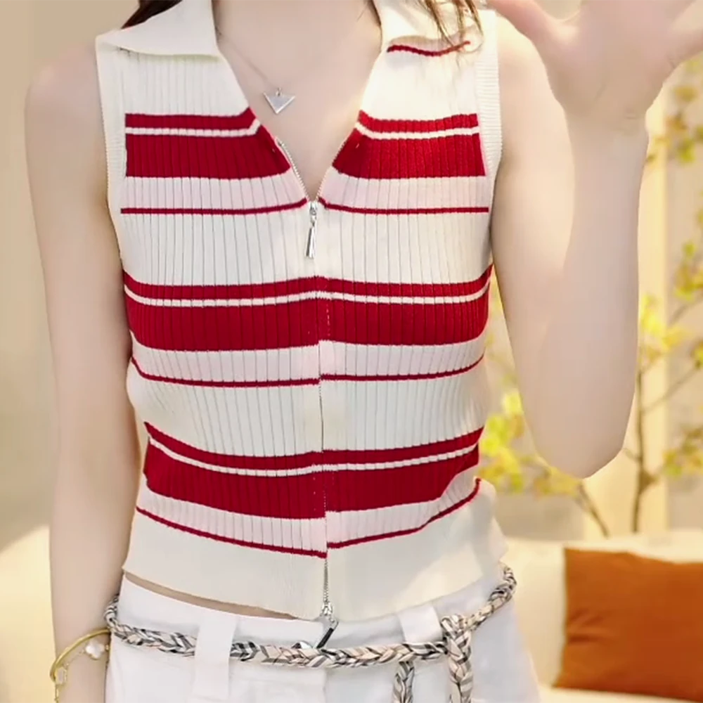 『巡林日记』2025夏季韩版撞色个性设计针织衫无袖T恤