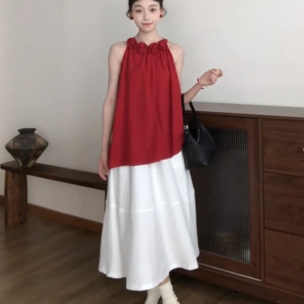 红色挂脖立体玫瑰花苞领上衣套装女夏季新款半身裙两件套410-27