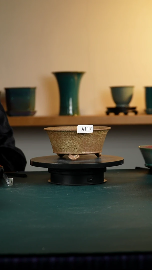 117柴窑裸烧釉如意花盆高8/6口径17/14.5