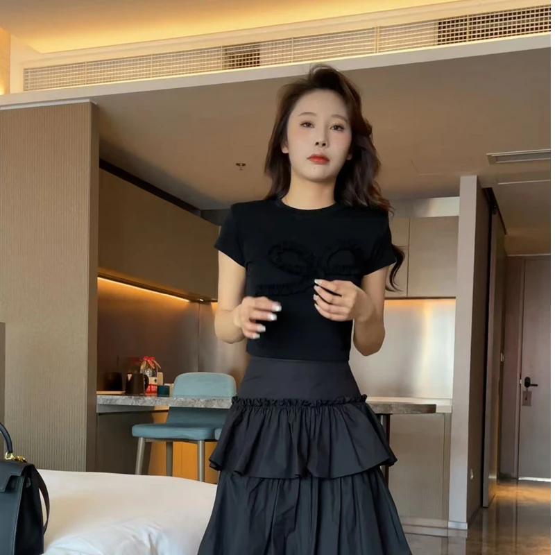 【梦婷家】新款高街正肩褶皱蝴蝶结花朵图辣妹短袖上衣-25340