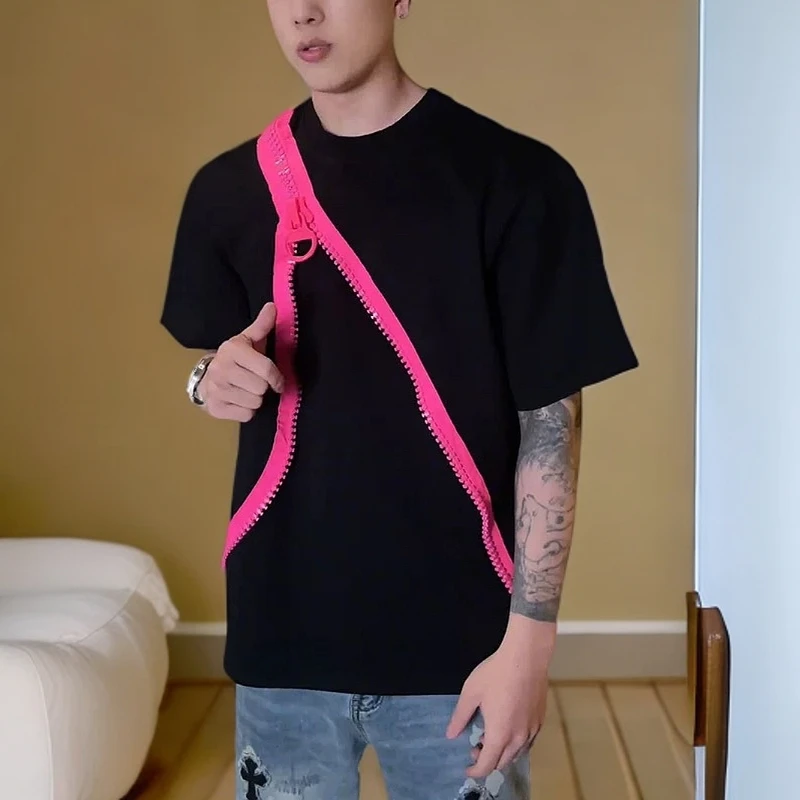 夏季新款小众设计拉链短袖T恤男女圆领潮牌宽松百搭帅气T恤上衣