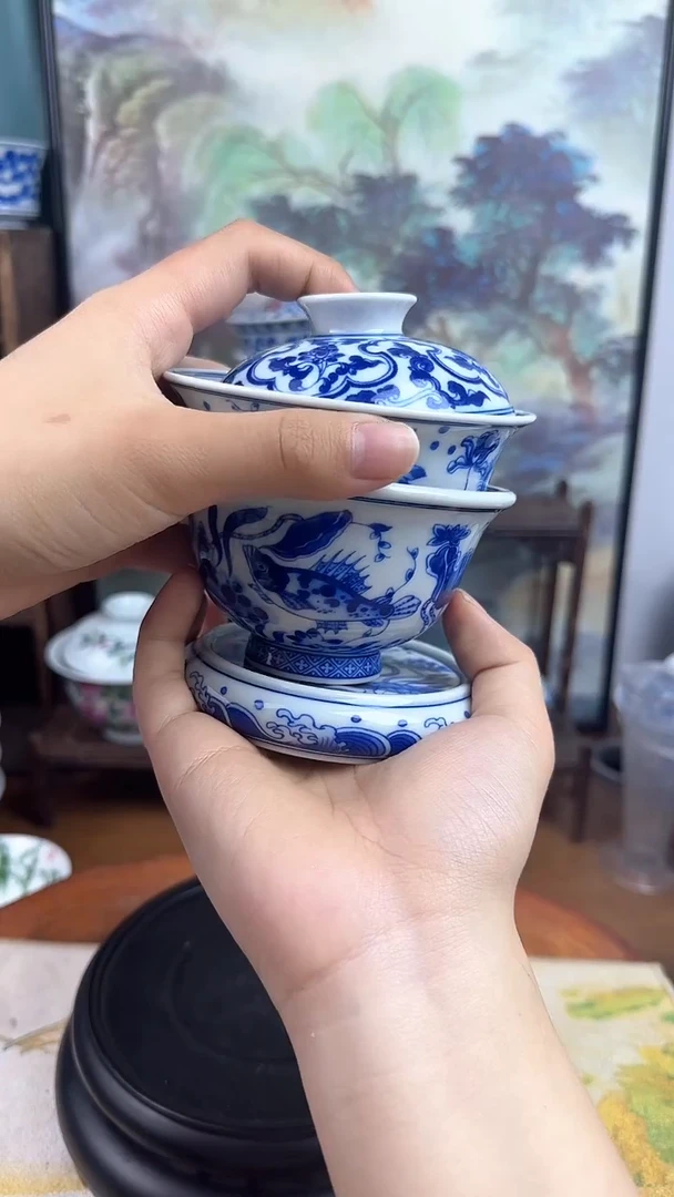 陶瓷仿成化鱼藻纹三件套+