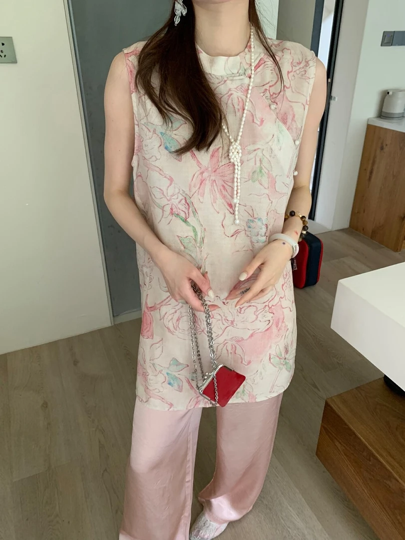 新中式国风女装粉色套装夏季气质高级感轻奢无袖上衣显瘦休闲裤子