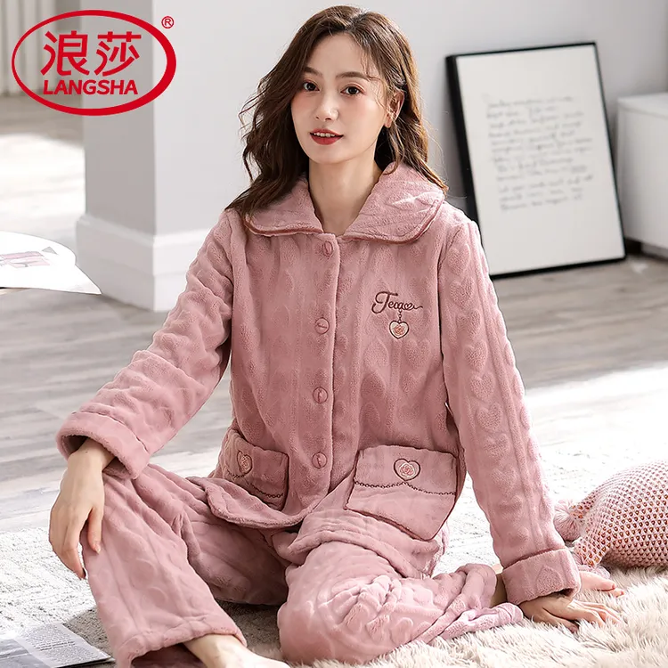 浪莎睡衣女款冬季珊瑚绒加厚加绒长袖大码法兰绒保暖家居服两件套