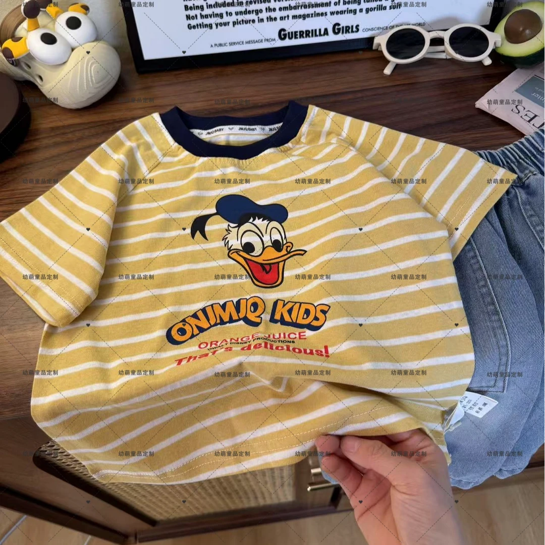 YM【JMJQ 25276】夏季中小童韩版亲肤色织条纹清爽唐老鸭印花短袖