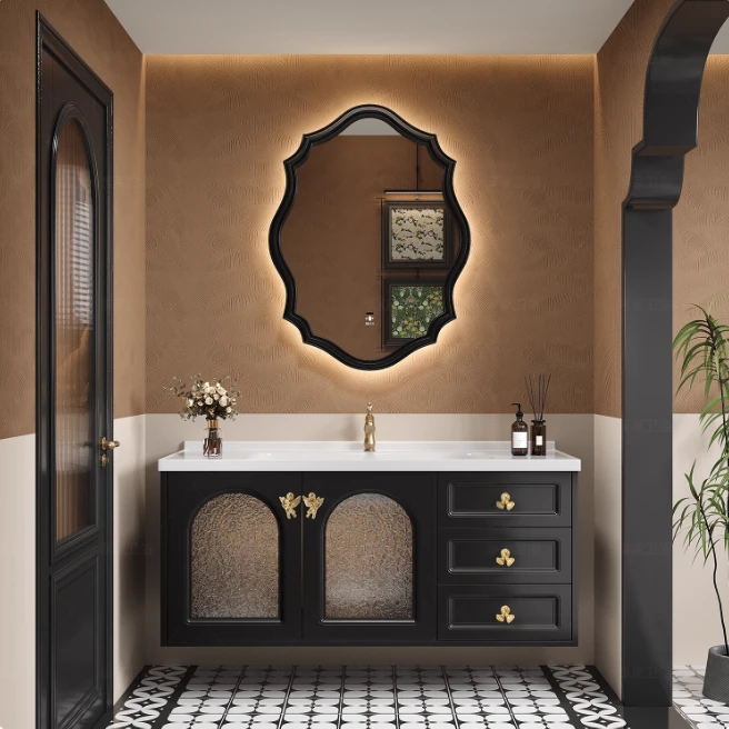 法式橡木浴室柜陶瓷一体盆中古风卫生间洗漱台洗手池洗脸盆柜组合