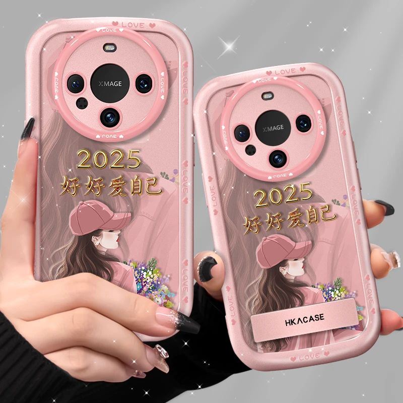 适用华为mate60pro手机壳捧花爱自己支架金漆泡芙壳硅胶保护套女