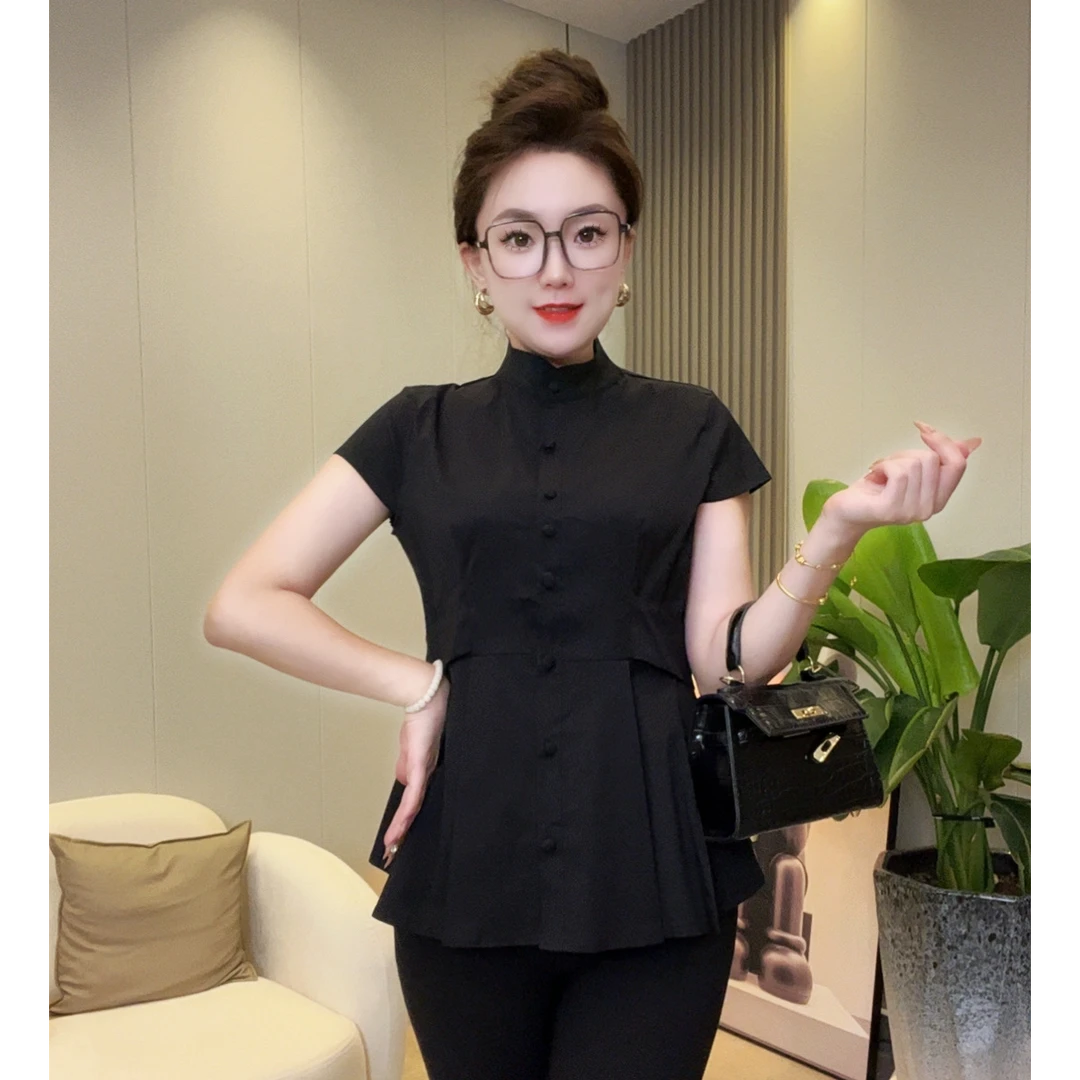 新款短袖单排多扣显瘦休闲气质时尚夏季纯色洋气女衬衫5252