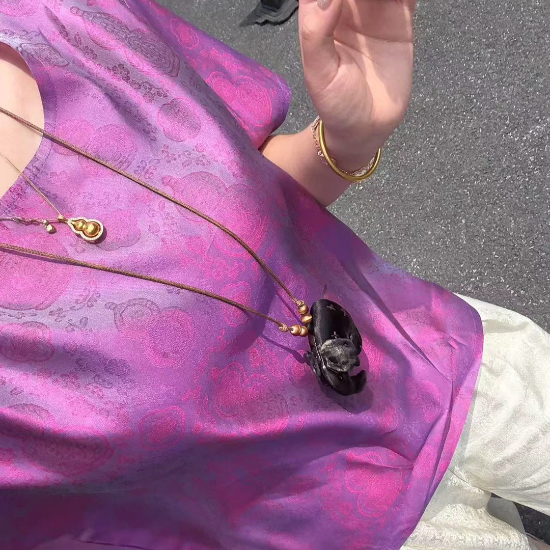 100桑蚕丝！浮光锦炫彩紫葫芦上衣