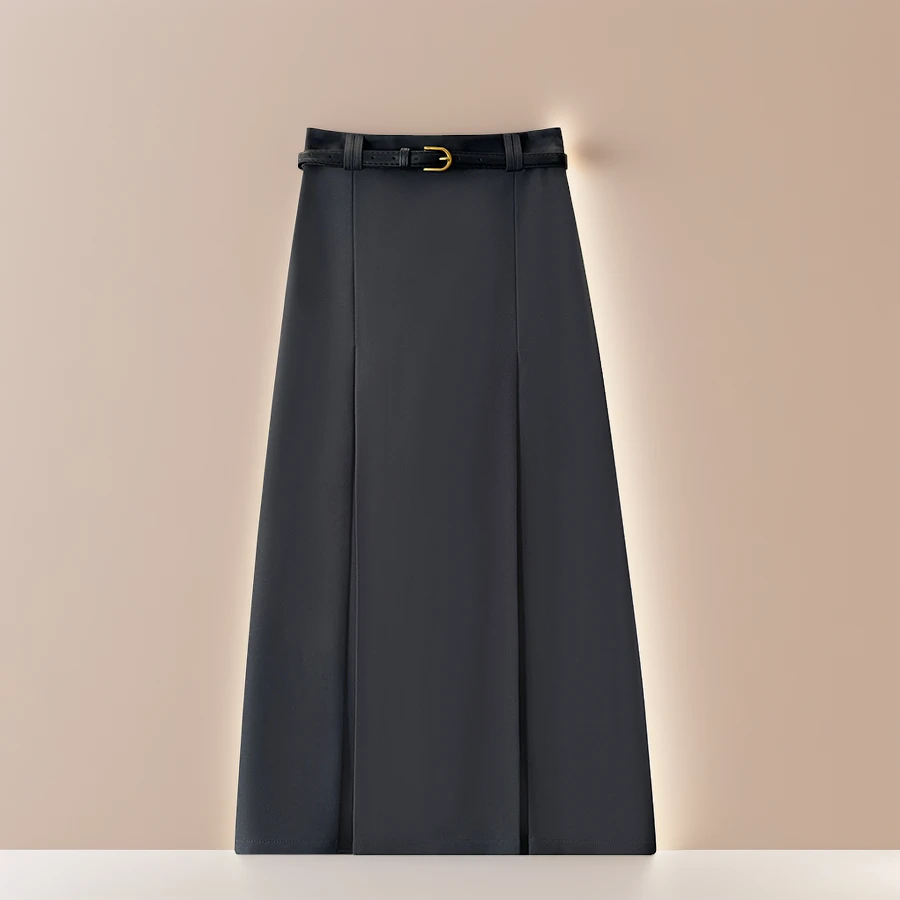 韩版气质通勤高腰显瘦开叉百褶裙女2025春季高级感腰带西装半身裙