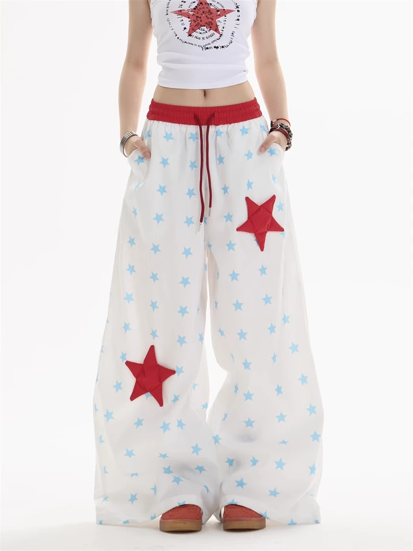 阔腿裤休闲裤高腰运动梭织夏季薄款星星户外印花直筒抽绳工装裤子