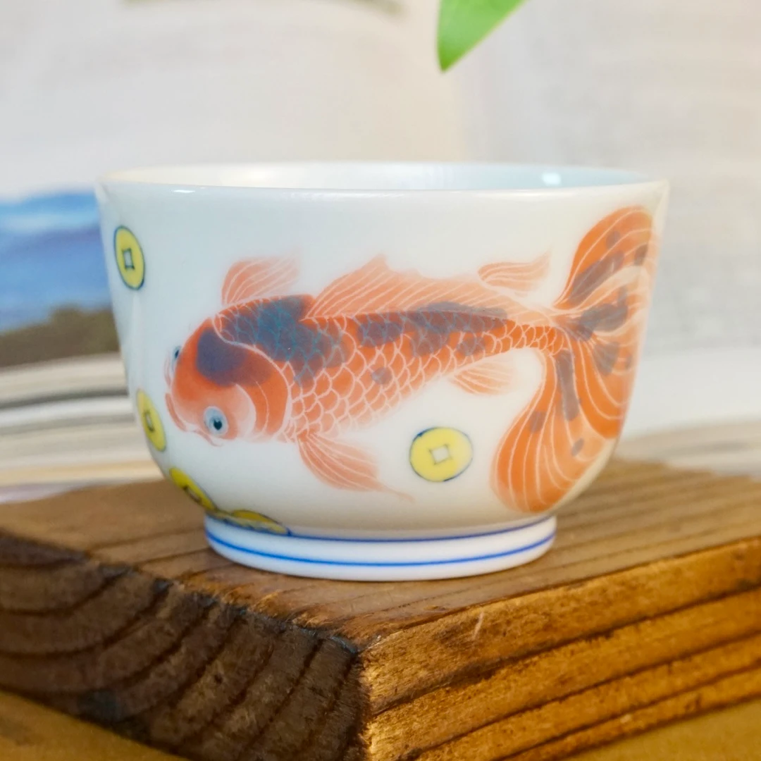 德物小雅80ml手绘釉下五彩柴窑玉泥金鱼缸杯主人杯纯手工景德镇