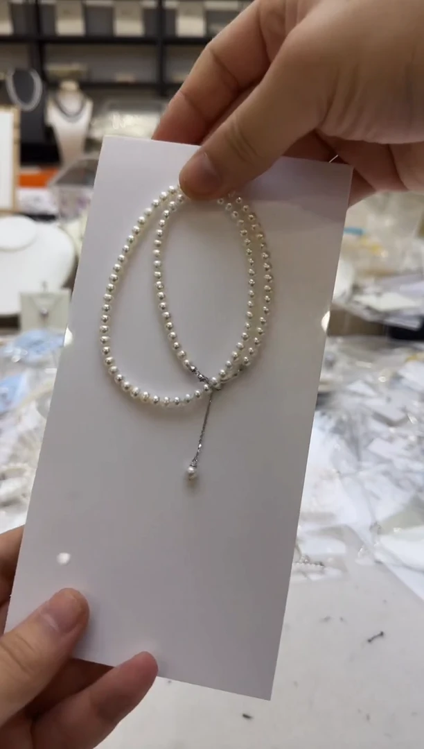 淡水珍珠银S925镶嵌项链3-4mm 吊小珠-孤品