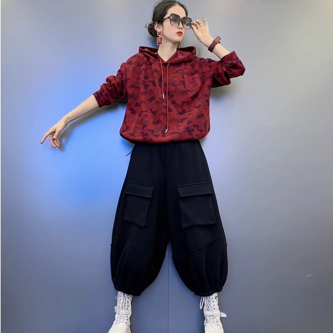 MD-1【新年战】早春款扎染连帽【红 桔】色上衣-对称大口袋灯笼裤