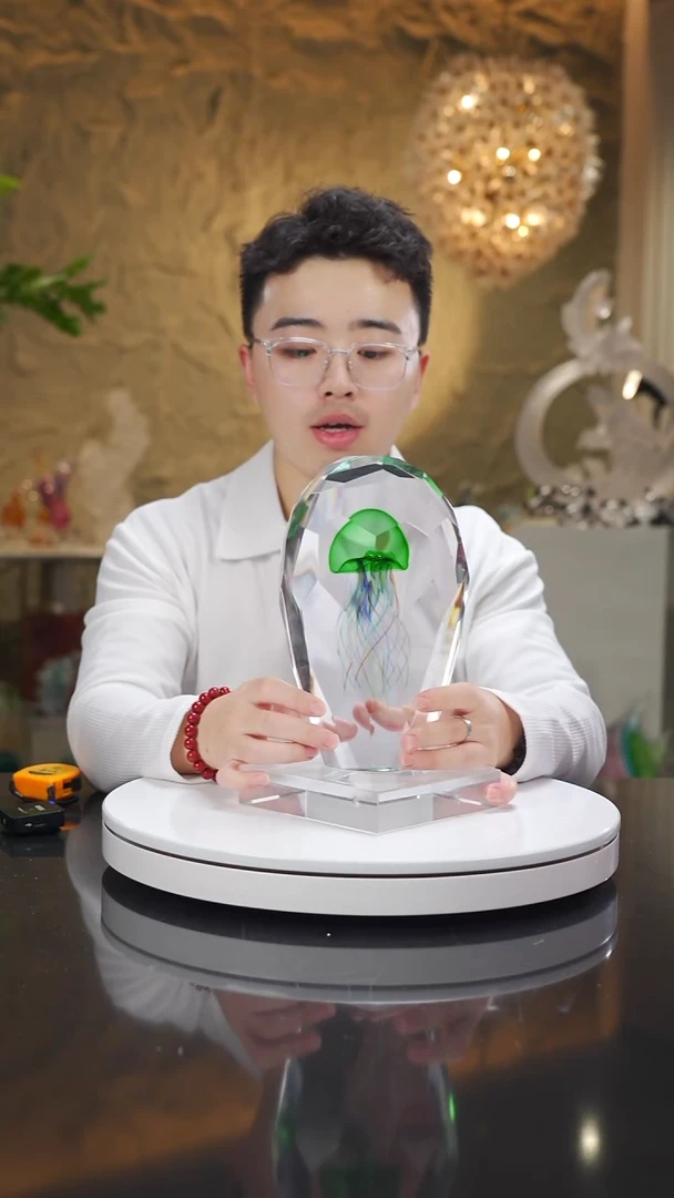 琉璃手工艺品福利绿色切面水母摆件带底座