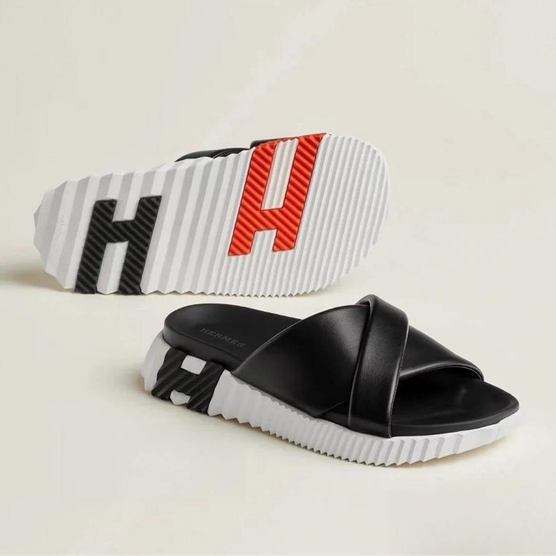 99新 Hermes/爱马仕 Infra拖鞋凉拖女式黑H拼橘色H 38码