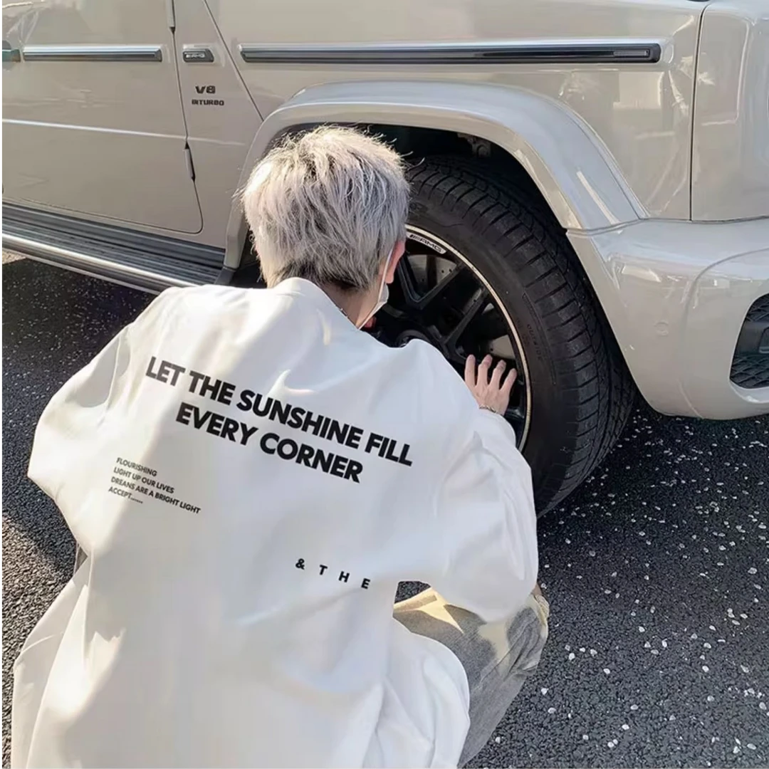 美式纯棉字母印花长袖t恤男秋季新款重磅圆领卫衣大码白色打底衫