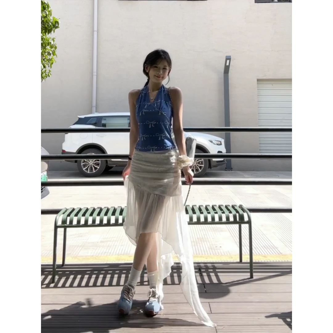 裙子女款2025新款挂脖背心甜美网纱不规则半身裙子高级感出游服装