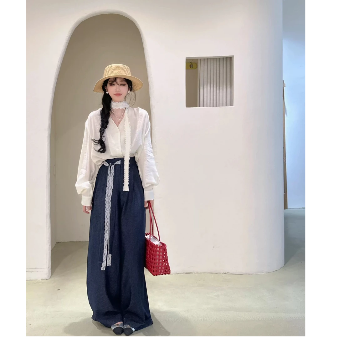 白色衬衣袖V领衬衫蓝色蕾丝阔腿裤韩风chic两件套装