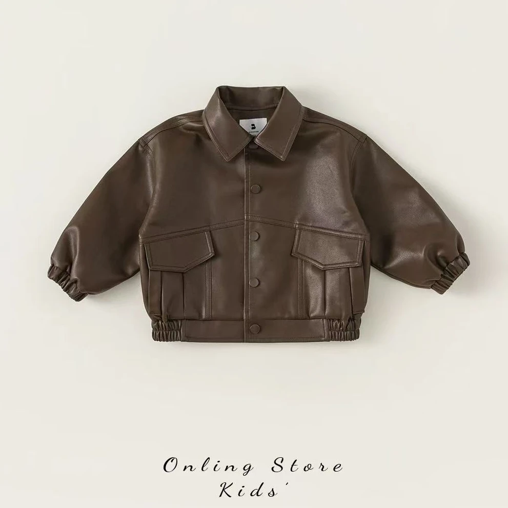 春款双层男童咖色百搭皮衣外套 皮衣夹克帅帅帅 断码