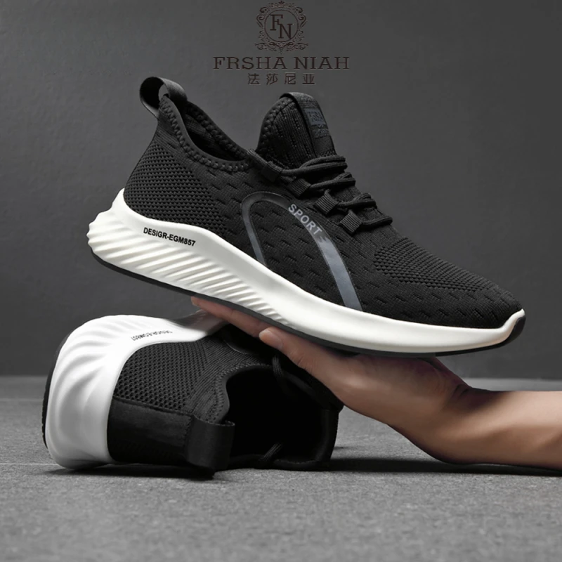 法莎尼亚休闲鞋男秋韩版网面鞋透气运动鞋增高黑色圆头男士飞织鞋