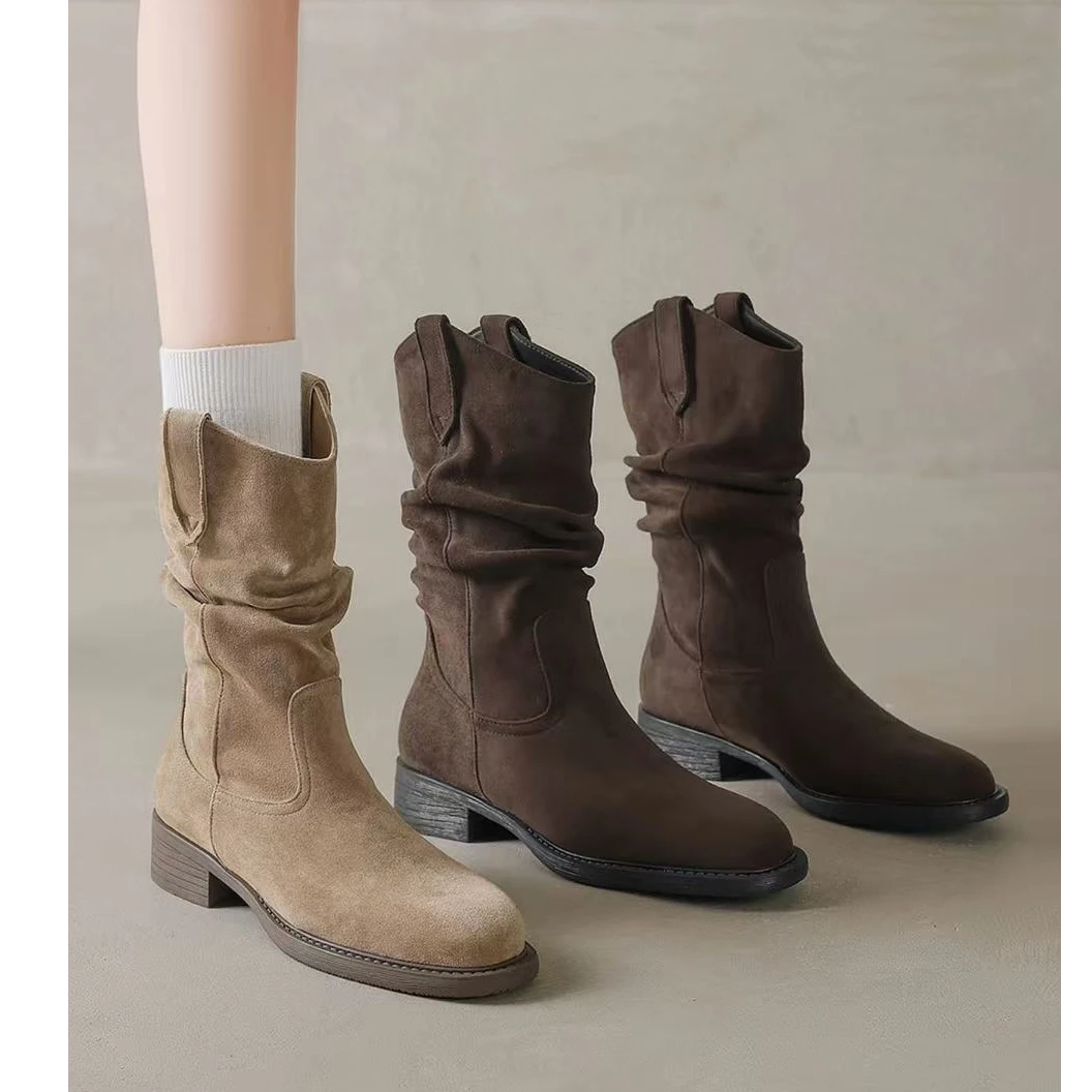 三福美拉德中筒短靴子女2025秋新款西部百搭堆堆靴厚底马丁靴单靴