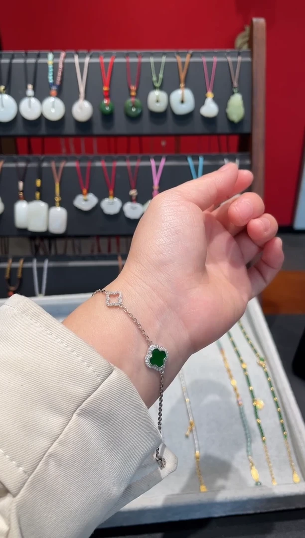 银S925镶嵌翡翠耳饰翡翠小草手链