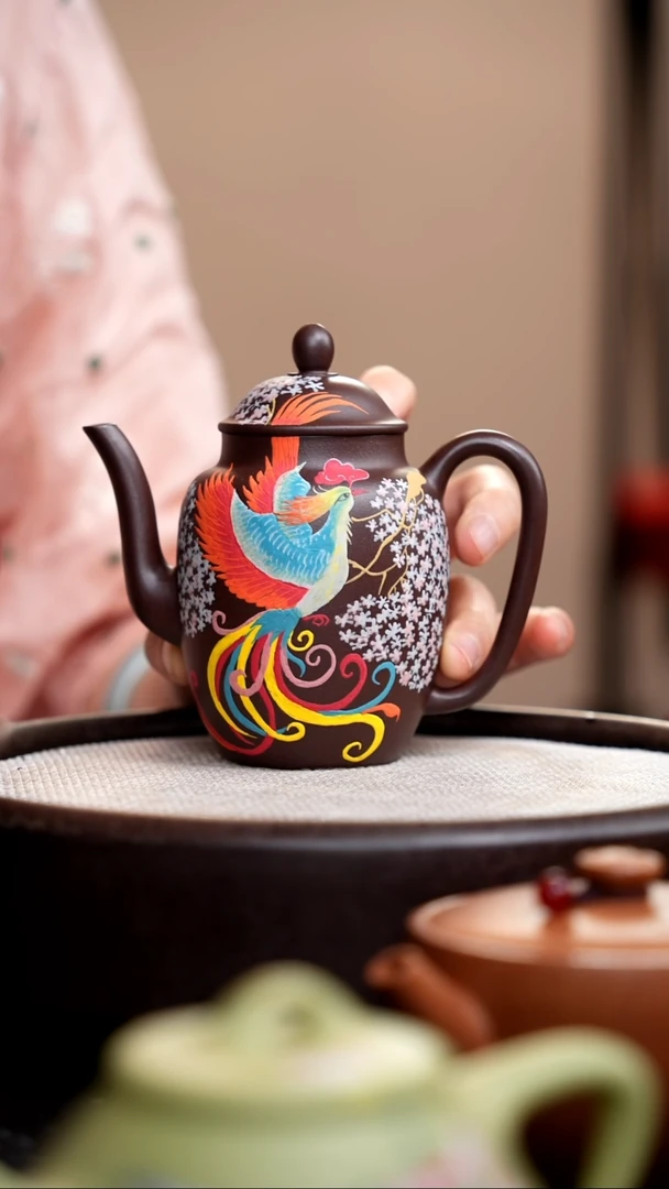 茶壶紫砂紫泥宫灯泥绘凤凰