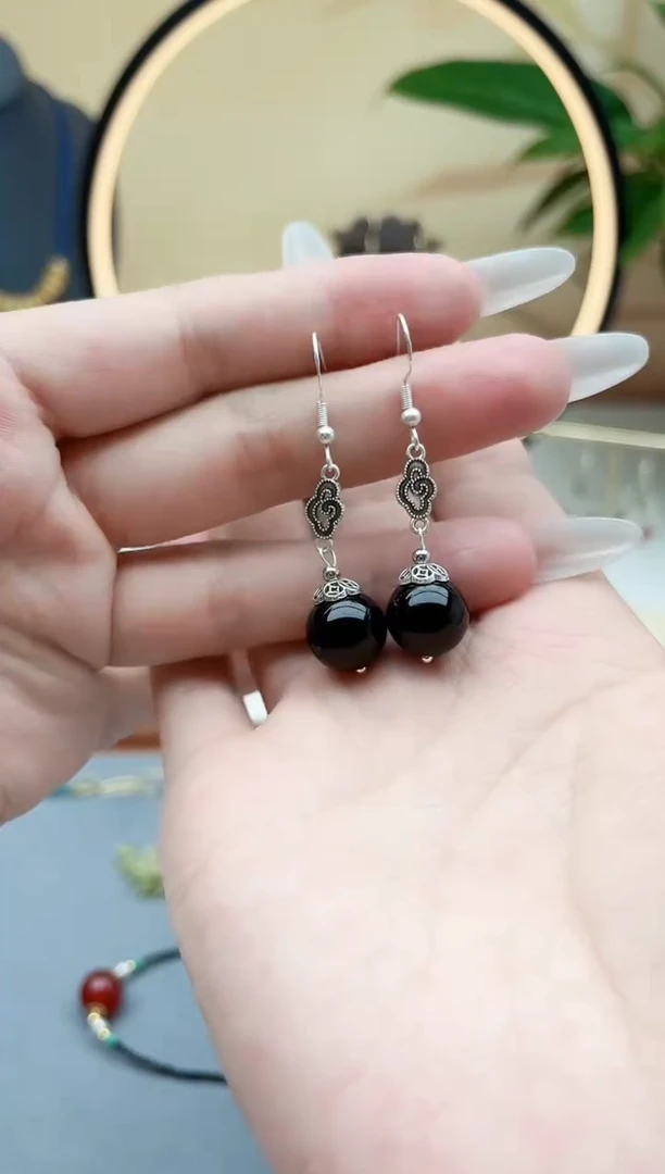 黑曜岩银S925镶嵌耳饰207