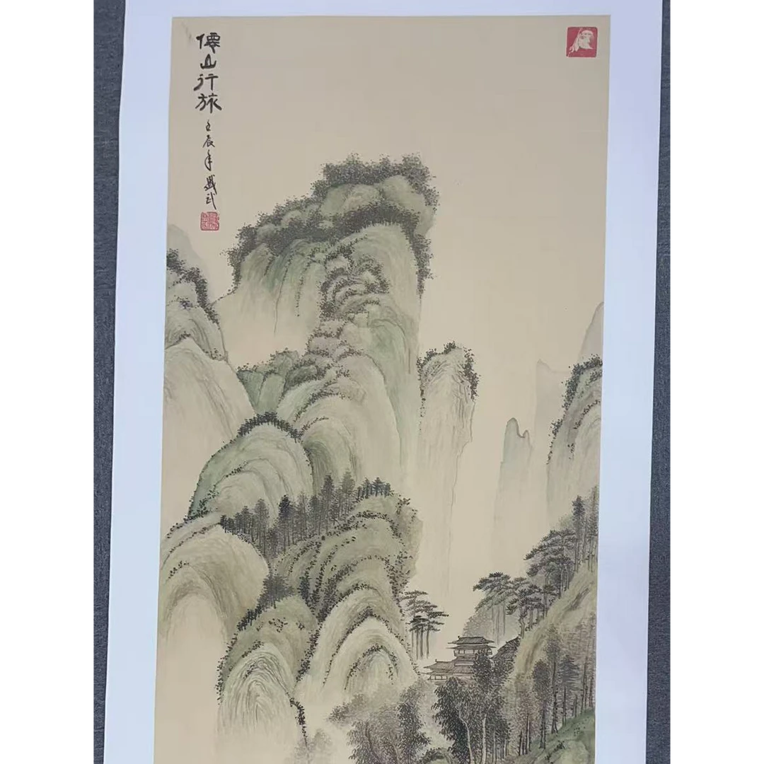 熊盛武-手绘宣纸六尺竖幅仙山行旅国画