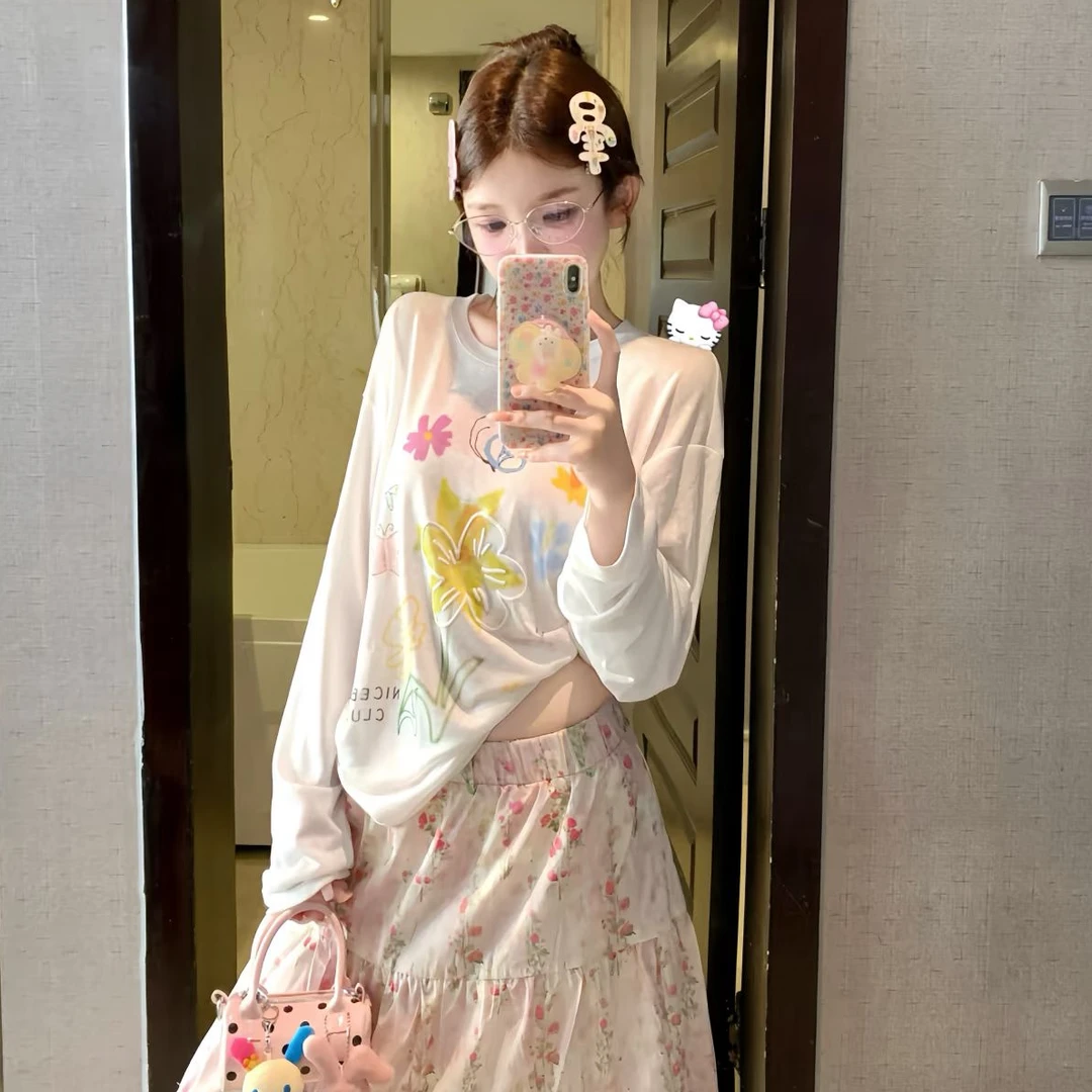 美式复古印花白色长袖t恤女夏季新款宽松薄纱款防晒罩衫上衣ins潮