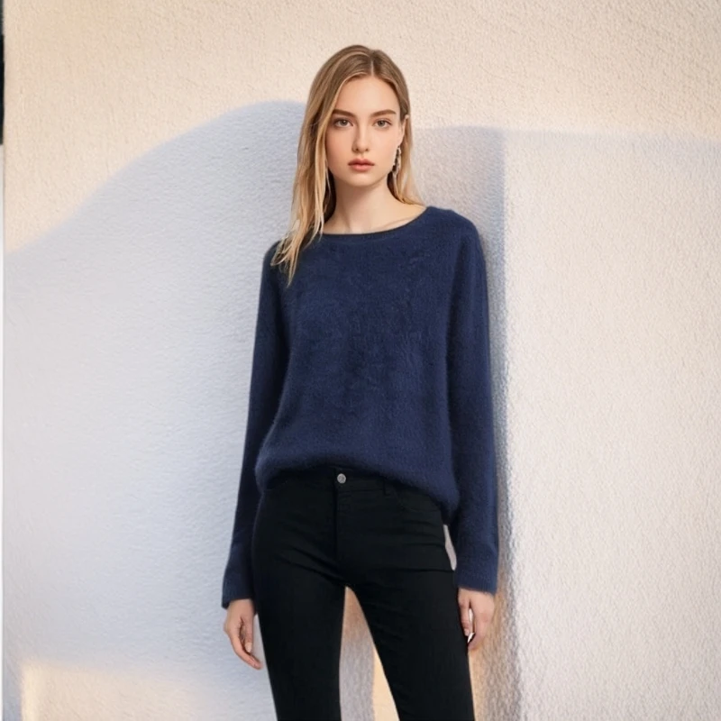 AM~小一字领~工厂原单拉绒韩版慵懒风毛衣女拉毛针织衫秋冬5433