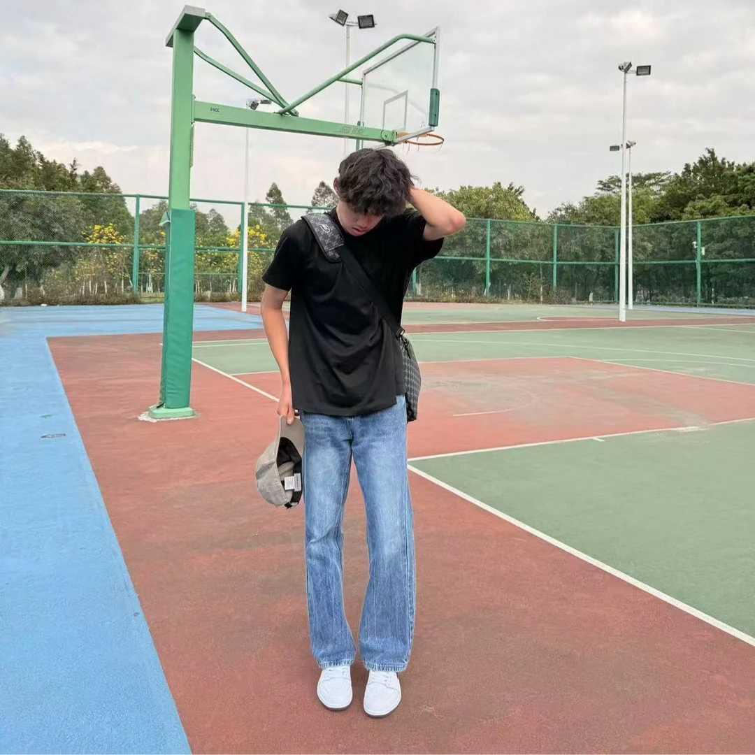 ZLAYCO闪电纹冰丝蓝美式高街百搭显瘦夏微喇男PANSK同版型牛仔裤