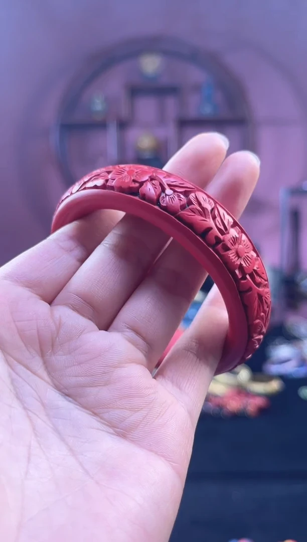 非遗 雕漆手镯 红黑 花卉 59